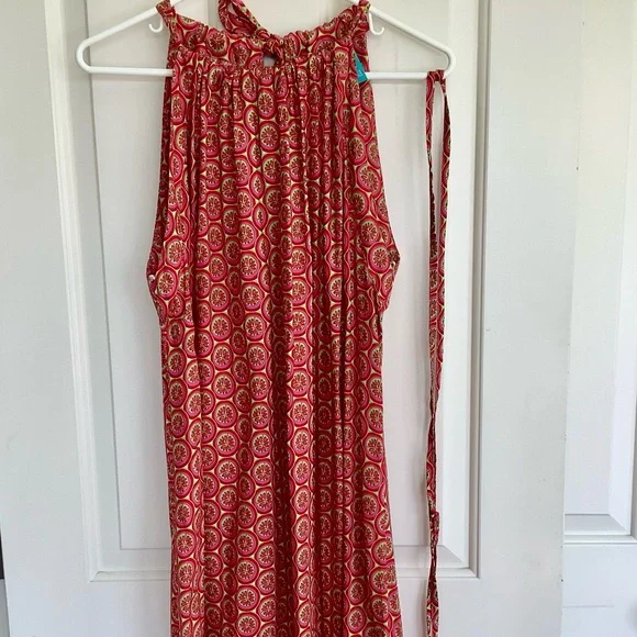 Maxi Dress Red/Green/Dark Pink Geometric Print Large by Escapada - Picture 9 of 10